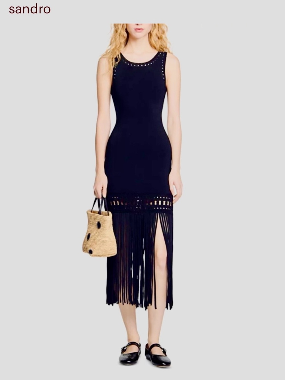Sandro Black Sleeveless Fringe Maxi Dress